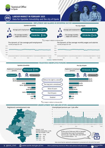 Labour market in February 2025. Data for Opolskie Voivodship and the city of Opole - infographic