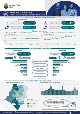 Labour market in March 2025. Data for Opolskie Voivodship and the city of Opole - infographic