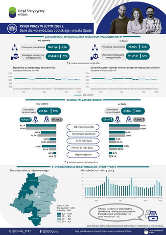 Rynek pracy w lutym 2025 r. - dane dla województwa opolskiego i miasta Opola - infografika