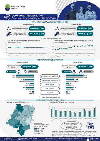 Labour market in November 2025. Data for Opolskie Voivodship and the city of Opole - infographic