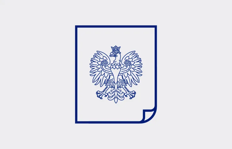 An icon depicting a sheet of paper with the lower right corner folded over, featuring a monochrome image of the Polish national coat of arms
