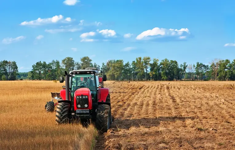 Czerwony traktor kosi łąkę