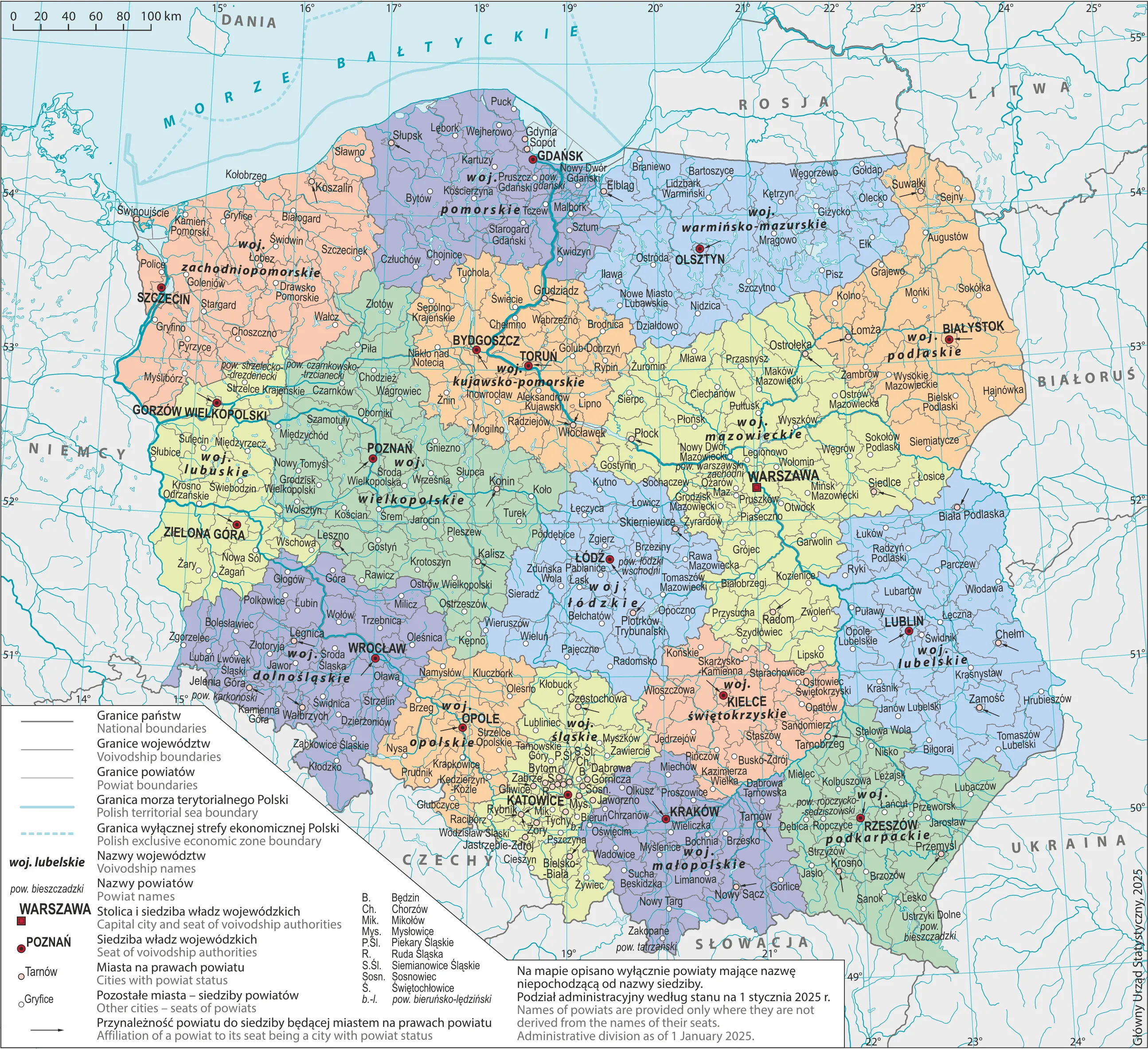 Map - Administrative division of Poland into voivodships and powiats as of 1 January 2025