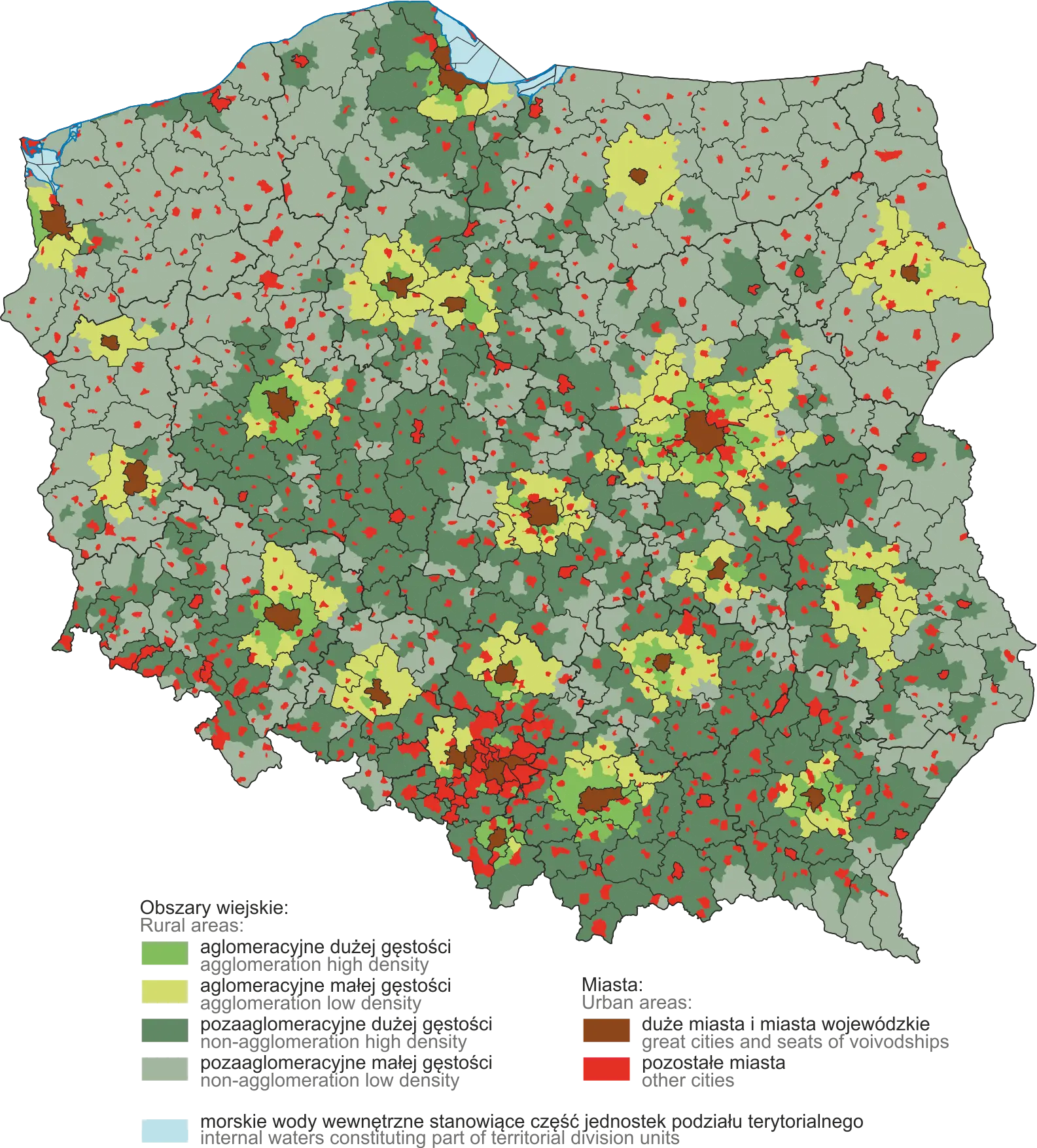 Map of Poland with delimitation of rural areas in 2025. Data in downloadable XLSX file below