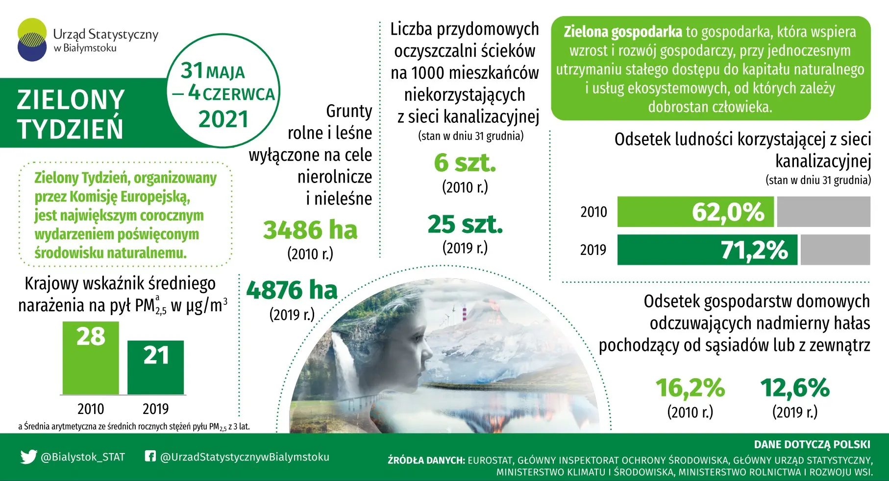 Infografika prezentuje wybrane dane z zakresu zielonej gospodarki w Polce w 2010 i 2019 roku