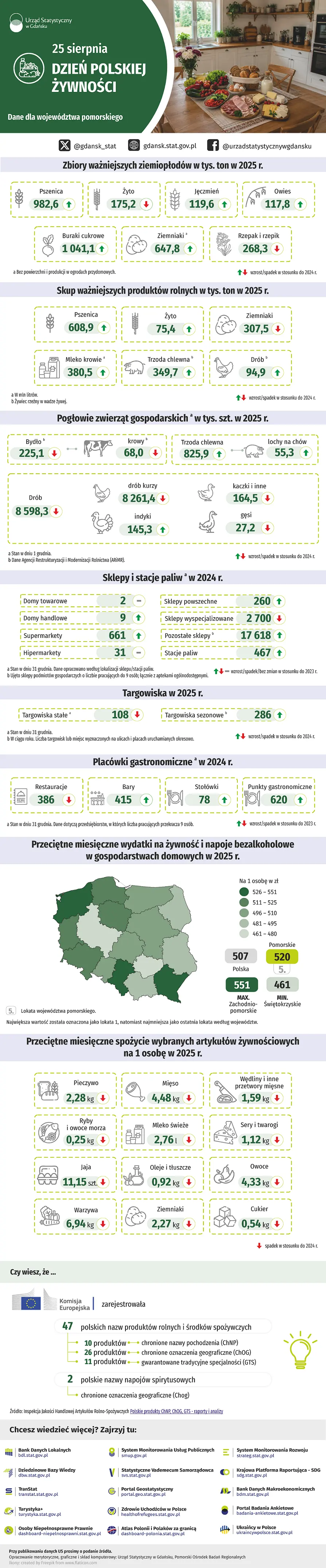 Infografika 25 sierpnia - Dzień Statystyki Polskiej. Szczegóły w dołączonym pliku PDF i XLSX