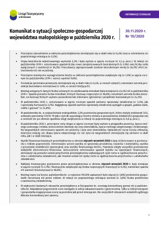 Powiększ obraz: Komunikat  o  sytuacji  społeczno-gospodarczej  województwa  małopolskiego  w  październiku  2020  r.