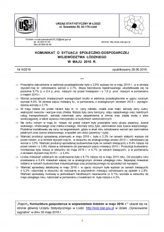 Powiększ obraz: Komunikat  o  sytuacji  społeczno-gospodarczej  województwa  łódzkiego  (  maj  2016  r.)