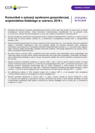 Powiększ obraz: Komunikat  o  sytuacji  społeczno-gospodarczej  województwa  łódzkiego  (czerwiec  2018  r.)
