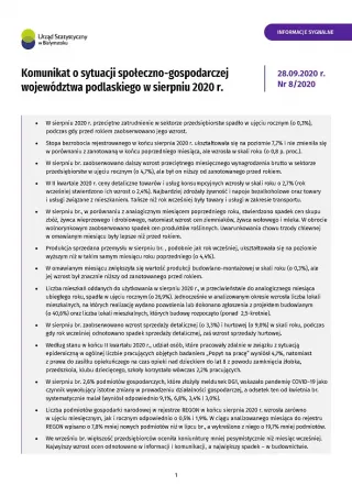 Powiększ obraz: Komunikat  o  sytuacji  społeczno-gospodarczej  województwa  podlaskiego  w  sierpniu  2020  r.