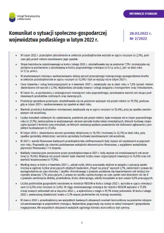 Powiększ obraz: Pierwsza  strona  informacji  sygnalnej  pt.  Komunikat  o  sytuacji  społeczno-gospodarczej  woj.  podlaskiego  w  2022  r.