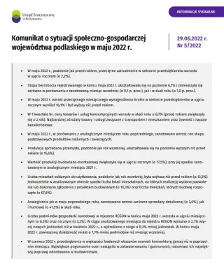 Powiększ obraz: Pierwsza  strona  Komunikatu  o  sytuacji  społeczno-gospodarczej  województwa  podlaskiego  w  maju  2022  r.
