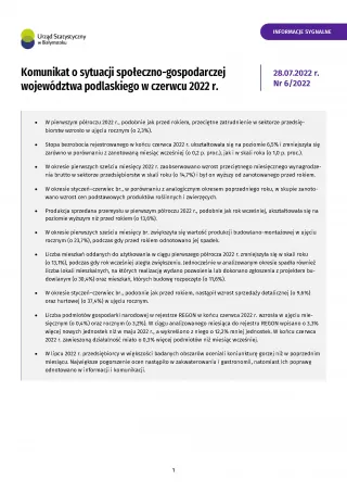 Powiększ obraz: Pierwsza  strona  Komunikatu  o  sytuacji  społeczno-gospodarczej  województwa  podlaskiego  w  czerwcu  2022  r.