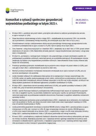 Powiększ obraz: Pierwsza  strona  informacji  sygnalnej  pt.  Komunikat  o  sytuacji  społeczno-gospodarczej  woj.  podlaskiego  w  2023  r.