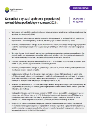 Powiększ obraz: Pierwsza  strona  informacji  sygnalnej  pt.  Komunikat  o  sytuacji  społeczno-gospodarczej  woj.  podlaskiego  w  czerwcu  2023  r.