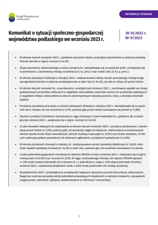 Powiększ obraz: Pierwsza  strona  opracowania  Komunikat  o  sytuacji  społeczno-gospodarczej  województwa  podlaskiego  we  wrześniu  2023  r.