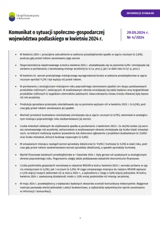 Powiększ obraz: Pierwsza  strona  opracowania  Komunikat  o  sytuacji  społeczno-gospodarczej  województwa  podlaskiego  w  kwietniu  2024  r.