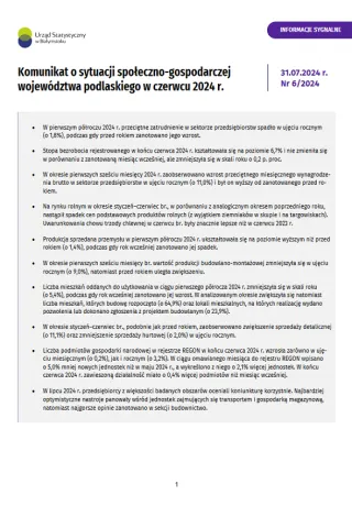 Powiększ obraz: Pierwsza  strona  opracowania  Komunikat  o  sytuacji  społeczno-gospodarczej  województwa  podlaskiego  w  czerwcu  2024  r.