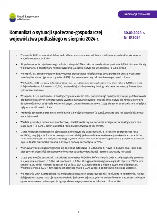 Powiększ obraz: Pierwsza  strona  informacji  sygnalnej  pt.  Komunikat  o  sytuacji  społeczno-gospodarczej  woj.  podlaskiego  w  sierpniu  2024  r.