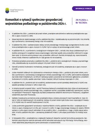 Powiększ obraz: Pierwsza  strona  opracowania  Komunikat  o  sytuacji  społeczno-gospodarczej  województwa  podlaskiego  w  październiku  2024  roku