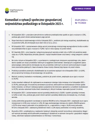 Powiększ obraz: Pierwsza  strona  informacji  sygnalnej  pt.  Komunikat  o  sytuacji  społeczno-gospodarczej  woj.  podlaskiego  w  listopadzie  2023