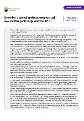 Powiększ obraz: Pierwsza  strona  opracowania  Komunikat  o  sytuacji  społeczno-gospodarczej  województwa  podlaskiego  w  lutym  2025  r.