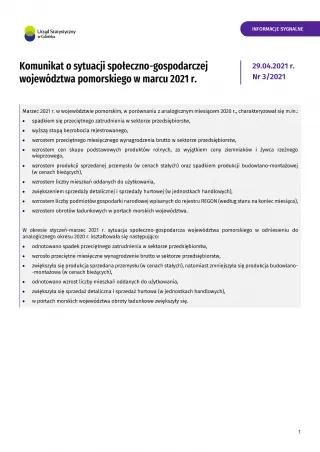 Powiększ obraz: Komunikat  o  sytuacji  społeczno-gospodarczej  województwa  pomorskiego  w  marcu  2021  r.  -  pierwsza  strona  komunikatu
