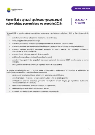 Powiększ obraz: Komunikat  o  sytuacji  społeczno-gospodarczej  województwa  pomorskiego  we  wrześniu  2021  r.  -  pierwsza  strona  opracowania