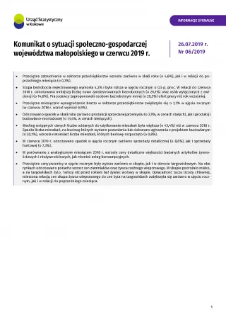 Powiększ obraz: Komunikat  o  sytuacji  społeczno-gospodarczej  województwa  małopolskiego  w  czerwcu  2019  r.