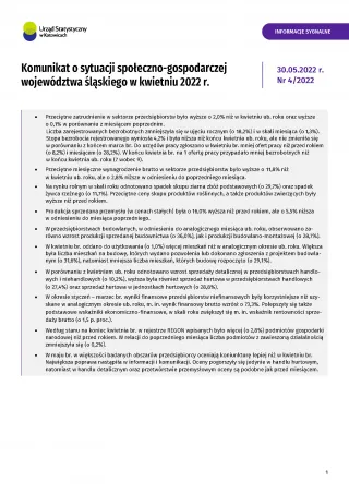 Powiększ obraz: Komunikat  o  sytuacji  społeczno-gospodarczej  województwa  śląskiego  w  kwietniu  2022  r.  -  okładka