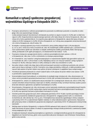 Powiększ obraz: okładka  Komunikat  o  sytuacji  społeczno-gospodarczej  województwa  śląskiego  2021  (XI  2021)
