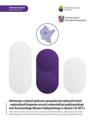 Powiększ obraz: Okładka publikacji Informacja o sytuacji społeczno-gospodarczej wybranych miast - regionalnych biegunów wzrostu województwa podkarpackiego oraz Rzeszowskiego Obszaru Funkcjonalnego za okres I-IX 2021 r.
