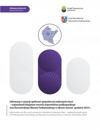 Powiększ obraz: Okładka publikacji Informacja o sytuacji społeczno-gospodarczej wybranych miast - regionalnych biegunów wzrostu województwa podkarpackiego oraz Rzeszowskiego Obszaru Funkcjonalnego w okresie styczeń-grudzień 2024 r.