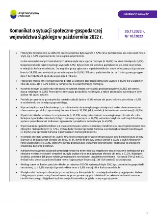 Powiększ obraz: Komunikat  o  sytuacji  społeczno-gospodarczej  województwa  śląskiego  w  październiku  2022  r.  -  1  strona  opracowania