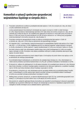 Powiększ obraz: Komunikat  o  sytuacji  społeczno-gospodarczej  województwa  śląskiego  w  sierpniu  2022  r.  -1  strona