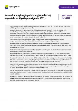 Powiększ obraz: Komunikat  o  sytuacji  społeczno-gospodarczej  województwa  śląskiego  w  styczniu  2022  r.  -  pierwsza  strona  informacji  sygnal