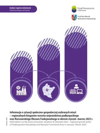 Powiększ obraz: Okładka publikacji Informacja o sytuacji społeczno-gospodarczej wybranych miast - regionalnych biegunów wzrostu województwa podkarpackiego oraz Rzeszowskiego Obszaru Funkcjonalnego w okresie styczeń-marzec 2025 r.