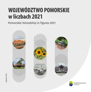 Powiększ obraz: U  góry  tekst  -  Województwo  pomorskie  w  liczbach  2021,  poniżej    trzy  zakładki,  w  nich  zdjęcia  obiektów  woj.  pomorskiego