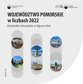 Powiększ obraz: U  góry  tekst  -  Województwo  pomorskie  w  liczbach  2022,  poniżej    trzy  zakładki,  w  nich  zdjęcia  obiektów  woj.  pomorskiego