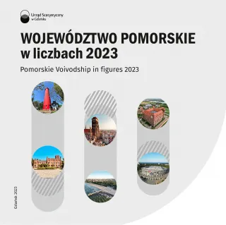 Powiększ obraz: U  góry  tekst  -  Województwo  pomorskie  w  liczbach  2023,  poniżej    trzy  zakładki,  w  nich  zdjęcia  obiektów  woj.  pomorskiego