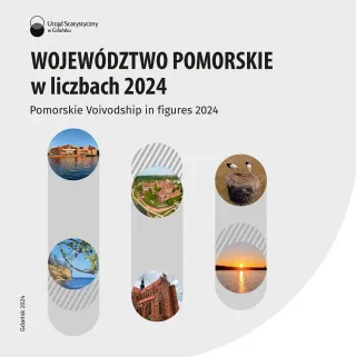 Powiększ obraz: U  góry  tekst  -  Województwo  pomorskie  w  liczbach  2024,  poniżej    trzy  zakładki,  w  nich  zdjęcia  obiektów  woj.  pomorskiego