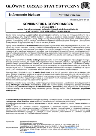 Powiększ obraz: Okładka informacji sygnalnej Koniunktura gospodarcza w województwie warmińsko-mazurskim w styczniu 2013 r.