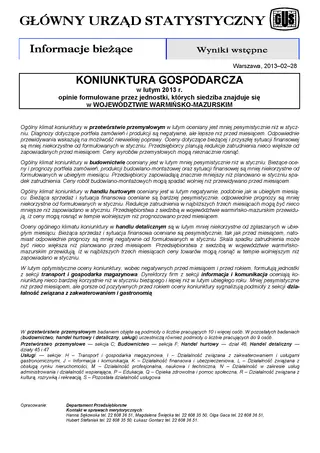 Powiększ obraz: Okładka informacji sygnalnej Koniunktura gospodarcza w województwie warmińsko-mazurskim w lutym 2013 r.