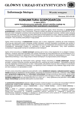 Powiększ obraz: Okładka informacji sygnalnej Koniunktura gospodarcza w województwie warmińsko-mazurskim w marcu 2013 r.