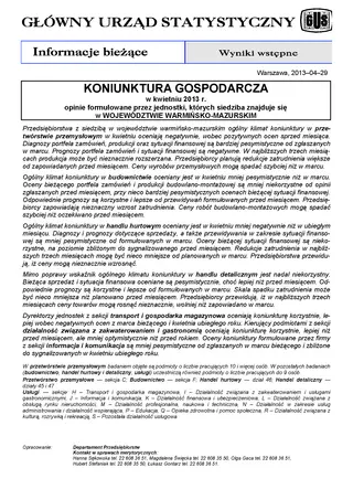 Powiększ obraz: Okładka informacji sygnalnej Koniunktura gospodarcza w województwie warmińsko-mazurskim w kwietniu 2013 r.