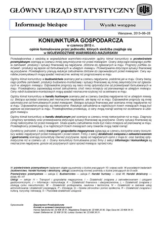Powiększ obraz: Okładka informacji sygnalnej Koniunktura gospodarcza w województwie warmińsko-mazurskim w czerwcu 2013 r.