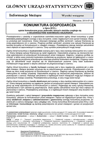 Powiększ obraz: Okładka informacji sygnalnej Koniunktura gospodarcza w województwie warmińsko-mazurskim w lipcu 2013 r.