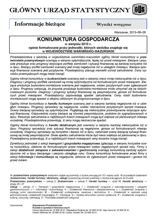 Powiększ obraz: Okładka informacji sygnalnej Koniunktura gospodarcza w województwie warmińsko-mazurskim w sierpniu 2013 r.