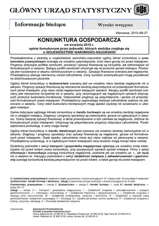 Powiększ obraz: Okładka informacji sygnalnej Koniunktura gospodarcza w województwie warmińsko-mazurskim we wrześniu 2013 r.