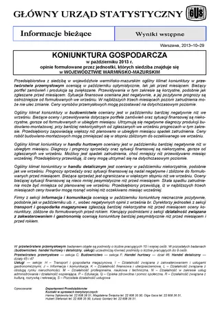 Powiększ obraz: Okładka informacji sygnalnej Koniunktura gospodarcza w województwie warmińsko-mazurskim w październiku 2013 r.
